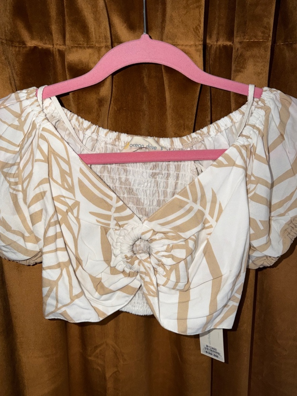 Ocean Drive Cream and Tan Puff Sleeve Crop Top